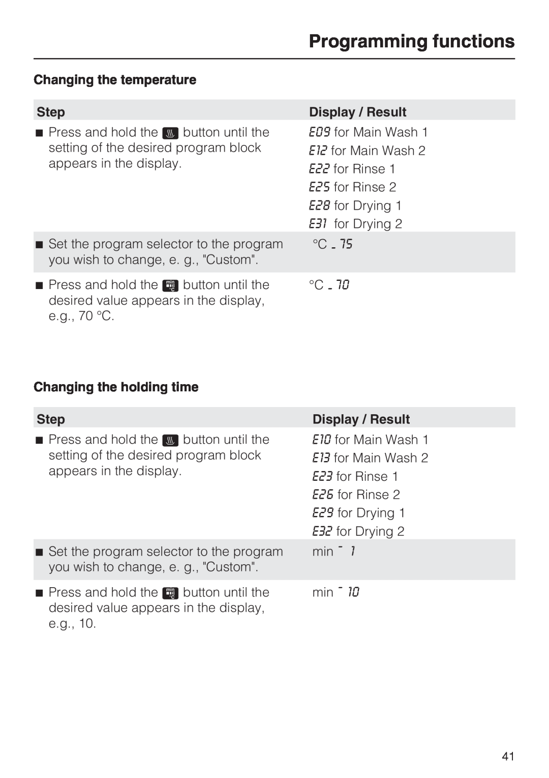 Miele G 7883 CD Programming functions, Changing the temperature Step, Changing the holding time Step, Display / Result 