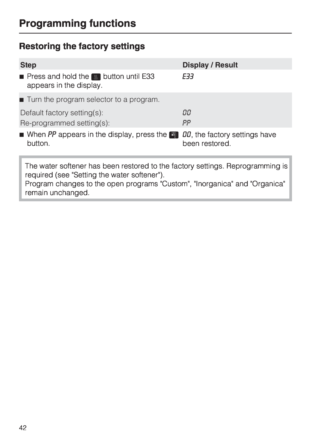 Miele G 7883 CD installation instructions Restoring the factory settings, Programming functions 