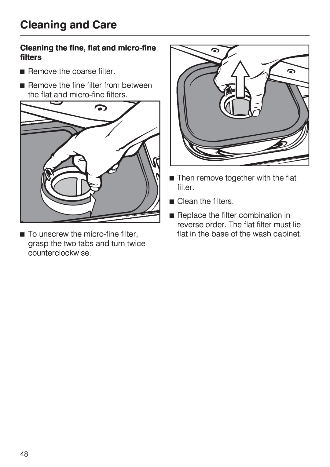 Miele G 7883 CD installation instructions Cleaning and Care, Cleaning the fine, flat and micro-finefilters 