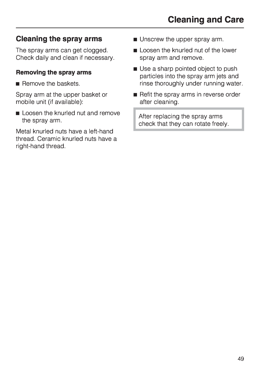 Miele G 7883 CD installation instructions Cleaning the spray arms, Cleaning and Care, Removing the spray arms 