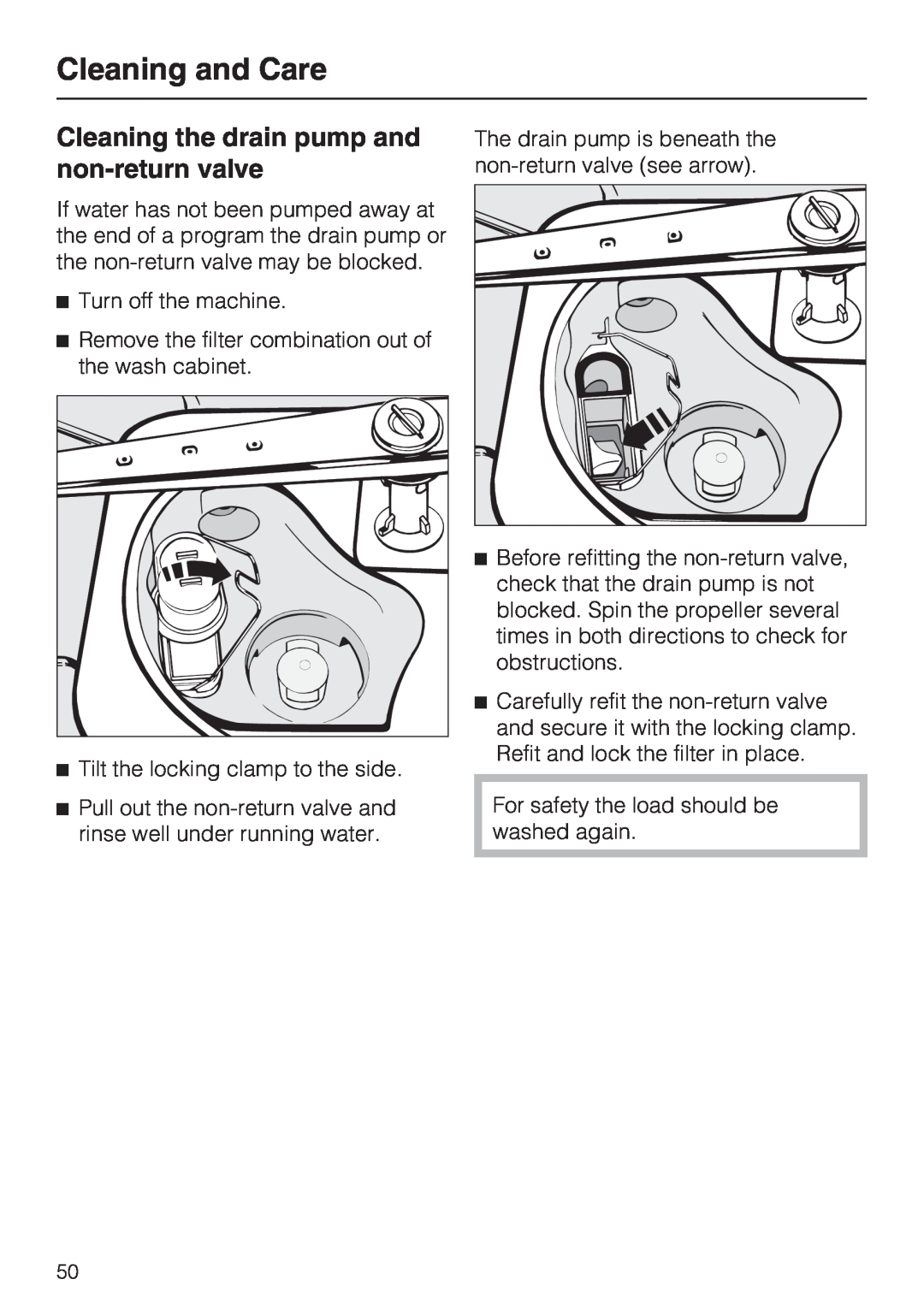 Miele G 7883 CD installation instructions Cleaning the drain pump and non-returnvalve, Cleaning and Care 
