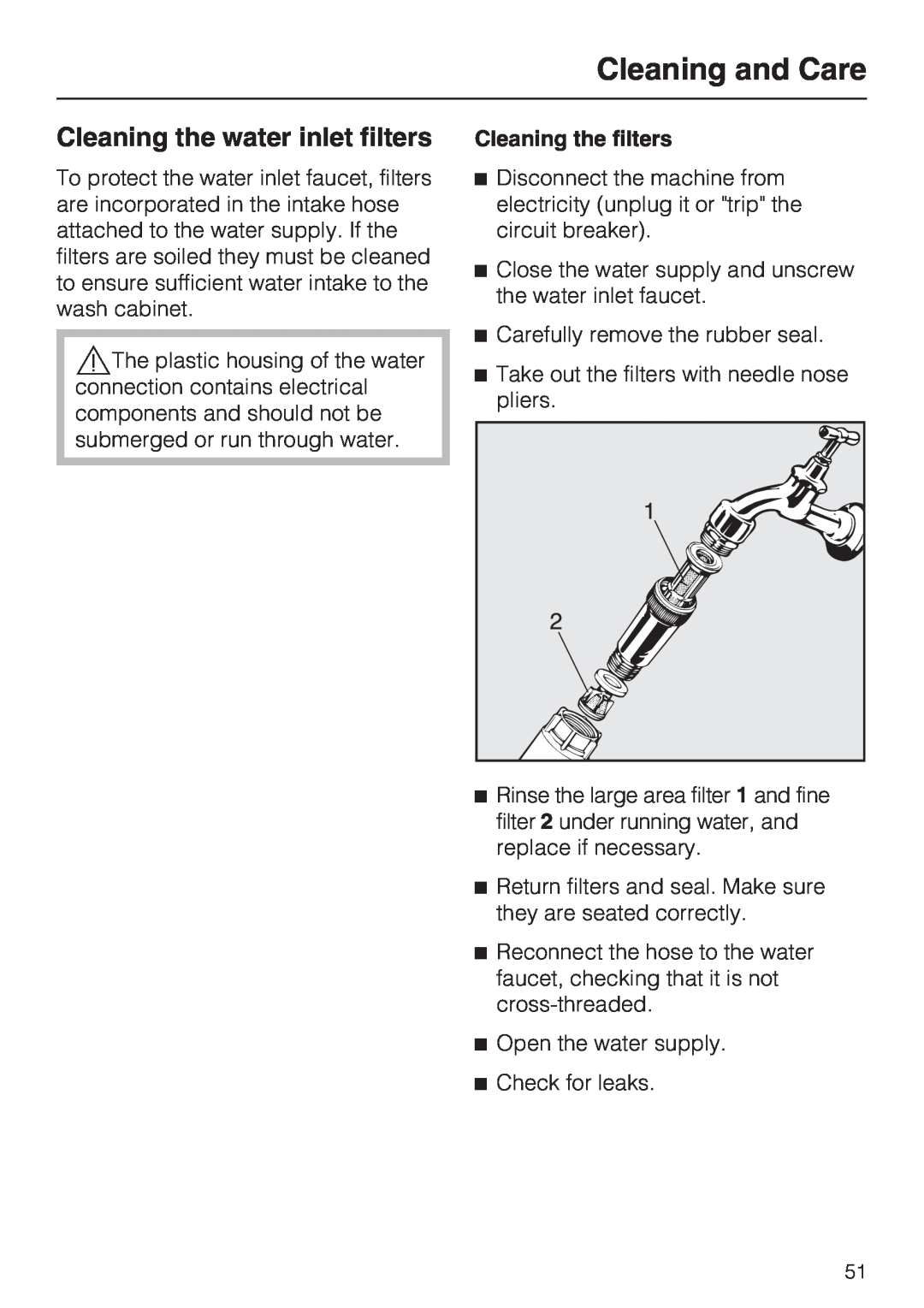 Miele G 7883 CD installation instructions Cleaning the water inlet filters, Cleaning and Care, Cleaning the filters 
