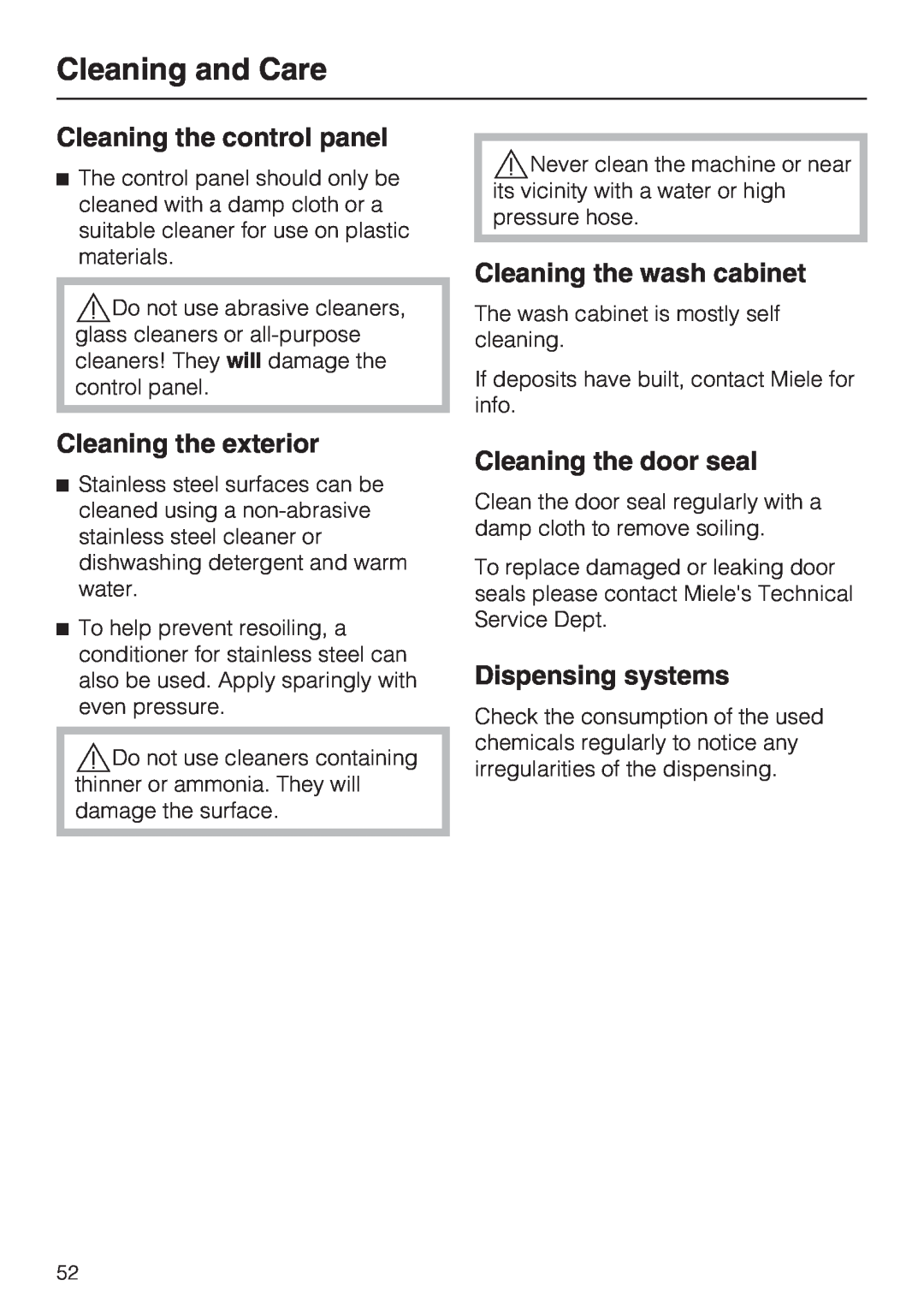 Miele G 7883 CD Cleaning the control panel, Cleaning the exterior, Cleaning the wash cabinet, Cleaning the door seal 