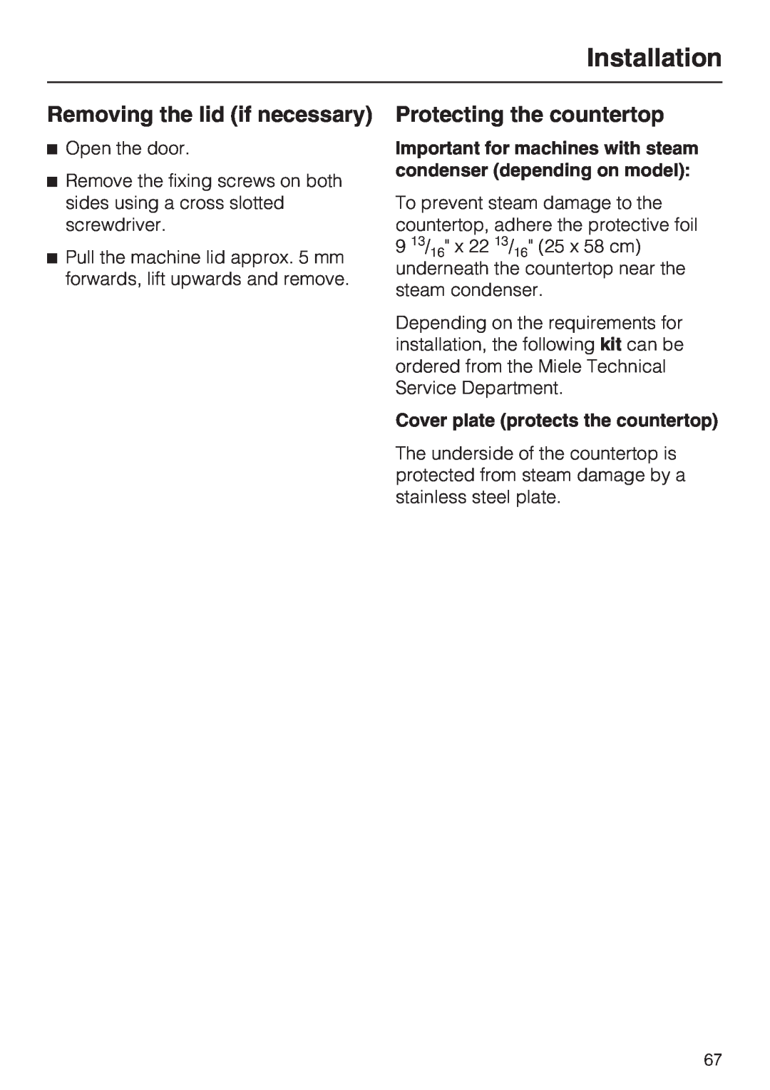 Miele G 7883 CD installation instructions Removing the lid if necessary, Protecting the countertop, Installation 