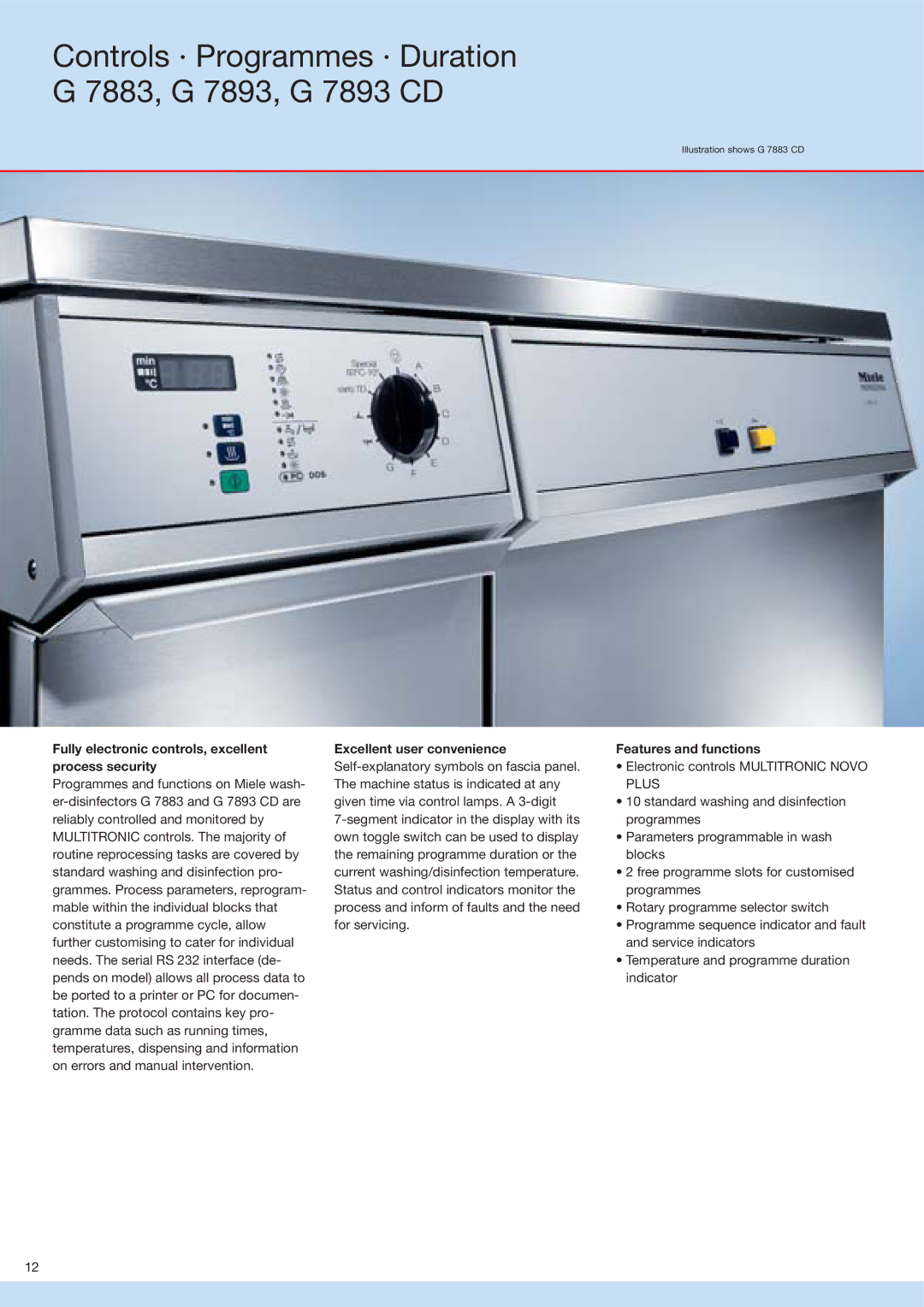 Miele G 7883 Controls · Programmes · Duration 7883, G 7893, G 7893 CD, Excellent user convenience, Features and functions 