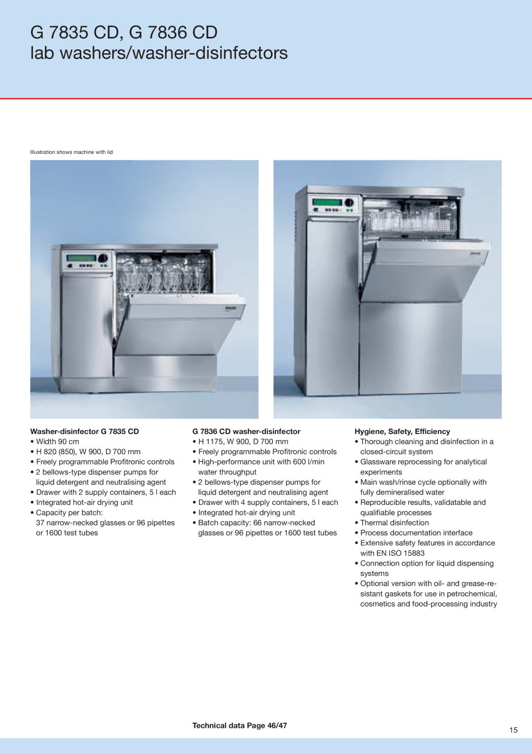 Miele G 7883 manual 7835 CD, G 7836 CD Lab washers/washer-disinfectors, Technical data Page 46/47 