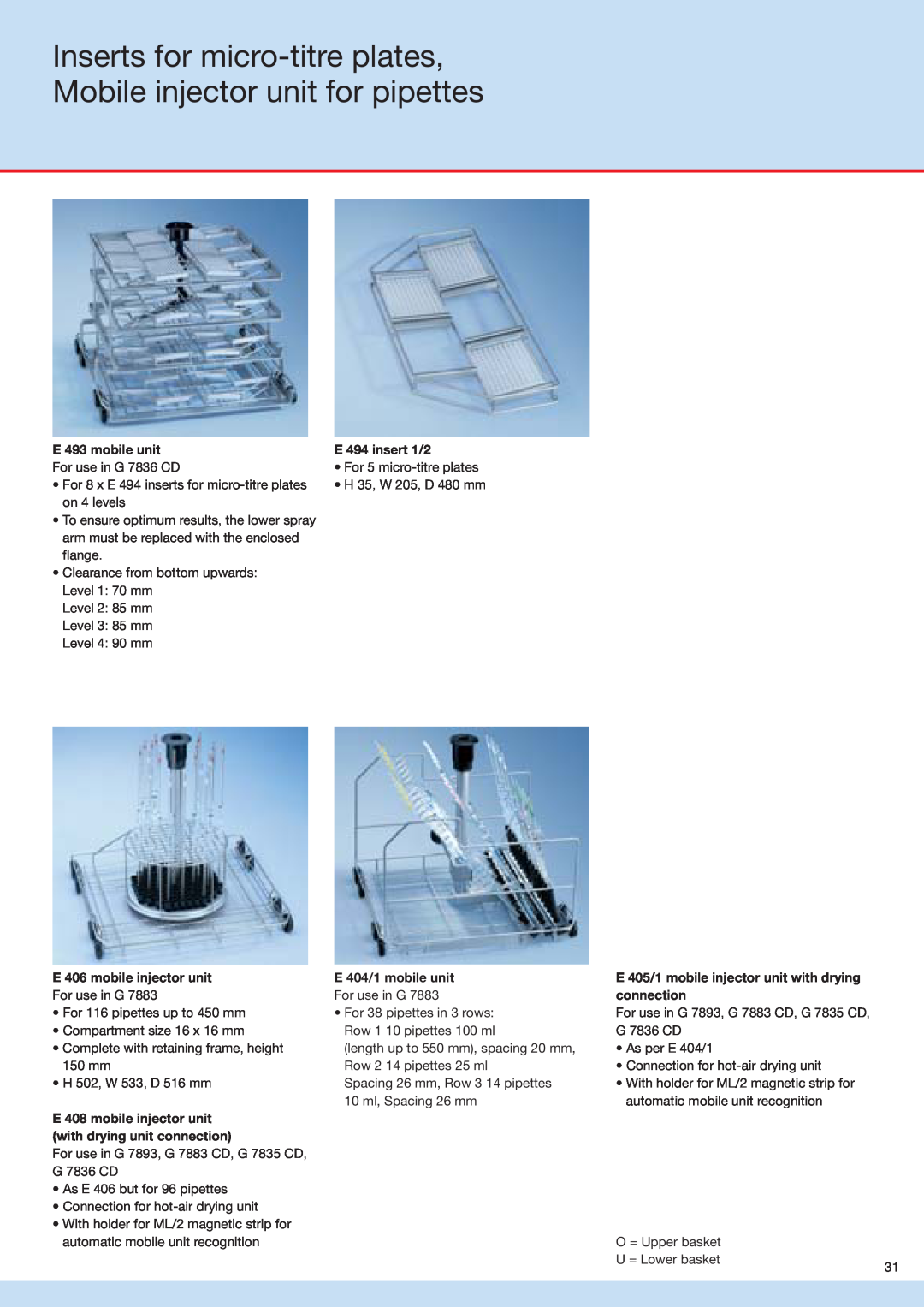 Miele G 7836, G 7883 Inserts for micro-titreplates, Mobile injector unit for pipettes, E 493 mobile unit, E 494 insert 1/2 