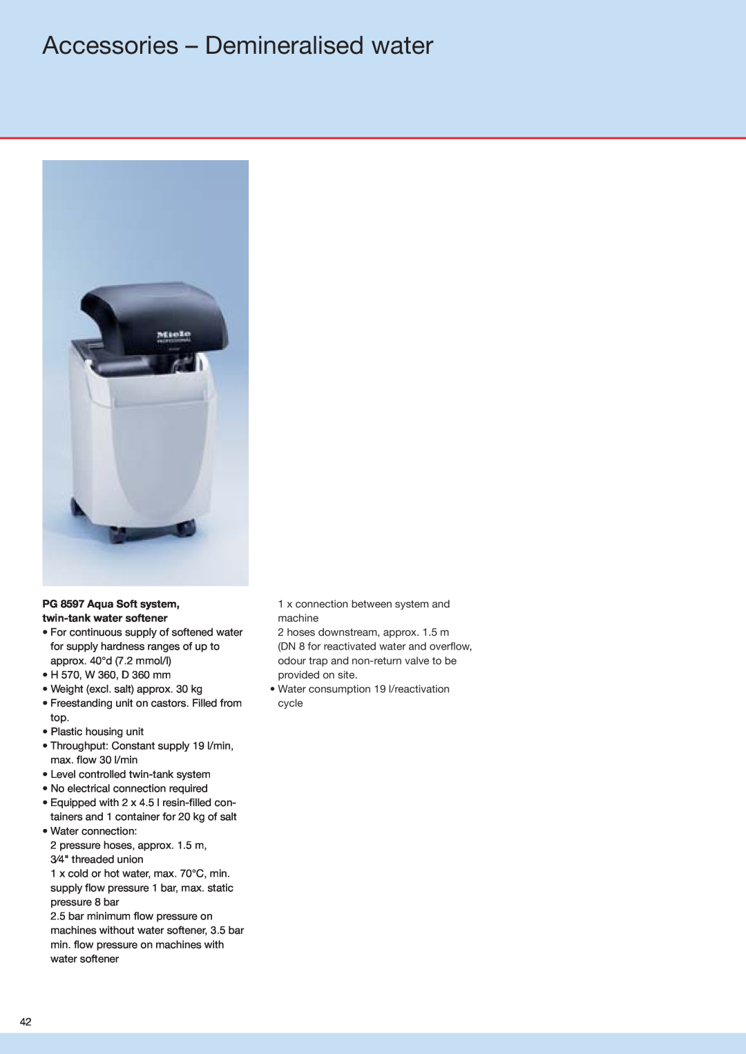 Miele G 7883, G 7836 manual Accessories – Demineralised water, PG 8597 Aqua Soft system, twin-tankwater softener 