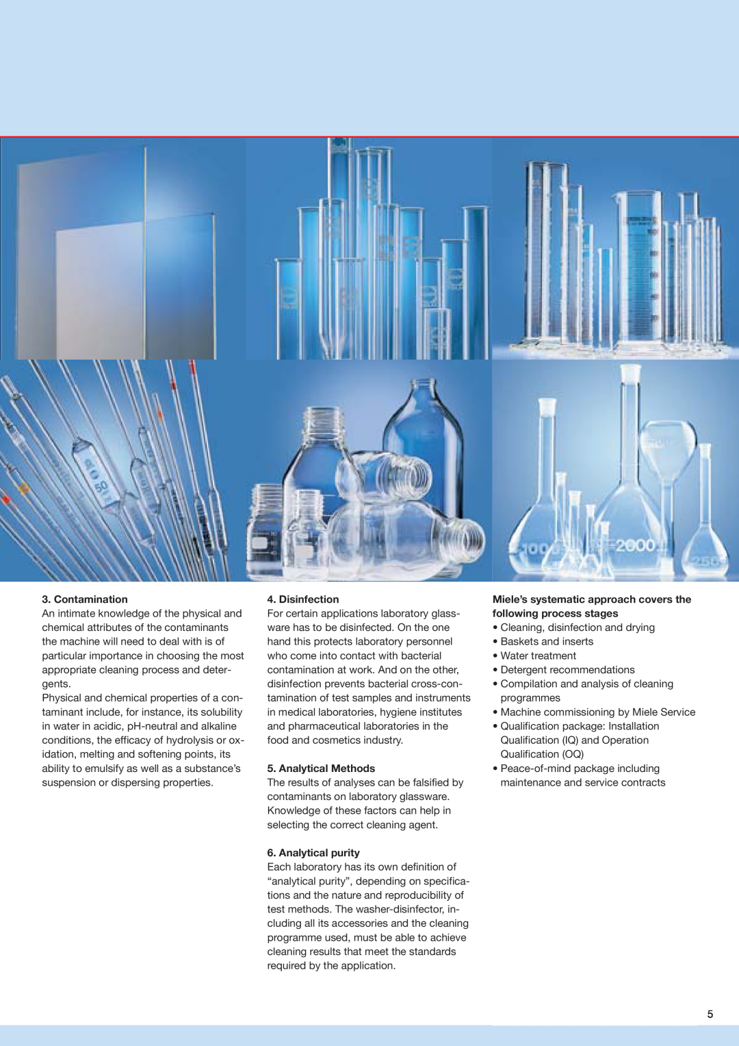 Miele G 7836, G 7883 manual Contamination, Disinfection, Analytical Methods, Analytical purity 