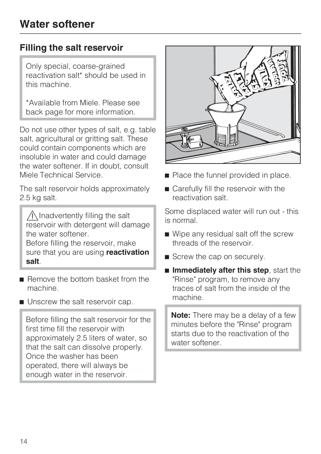 Miele G 7883 installation instructions Filling the salt reservoir 