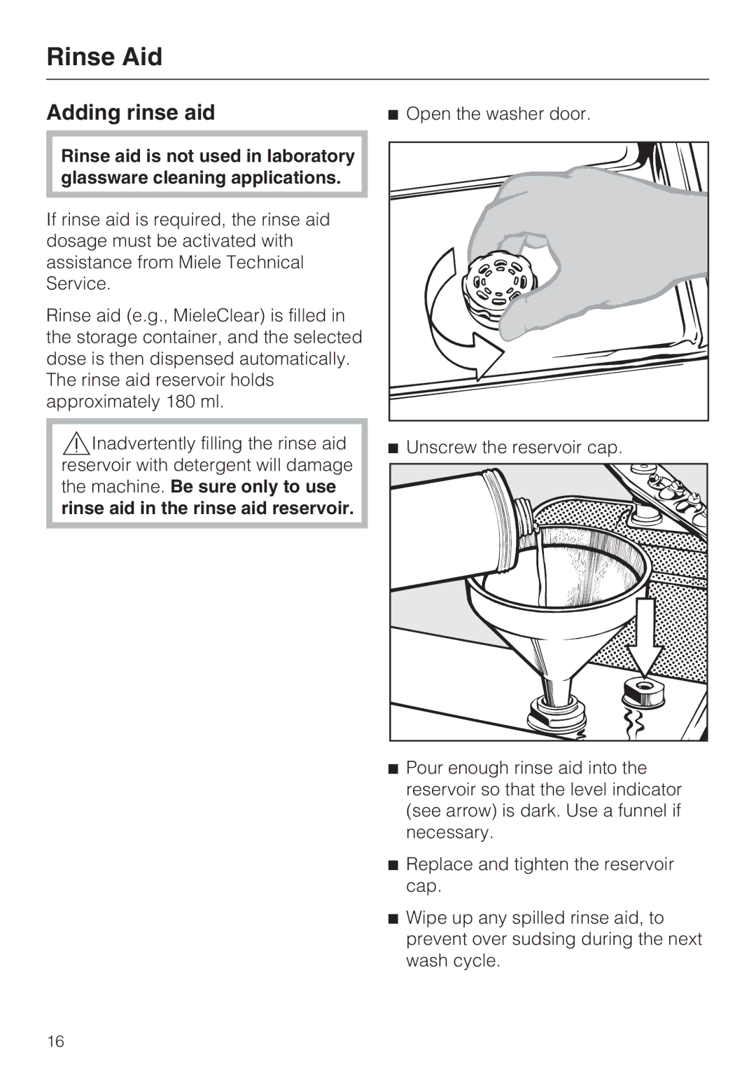 Miele G 7883 installation instructions Rinse Aid, Adding rinse aid 