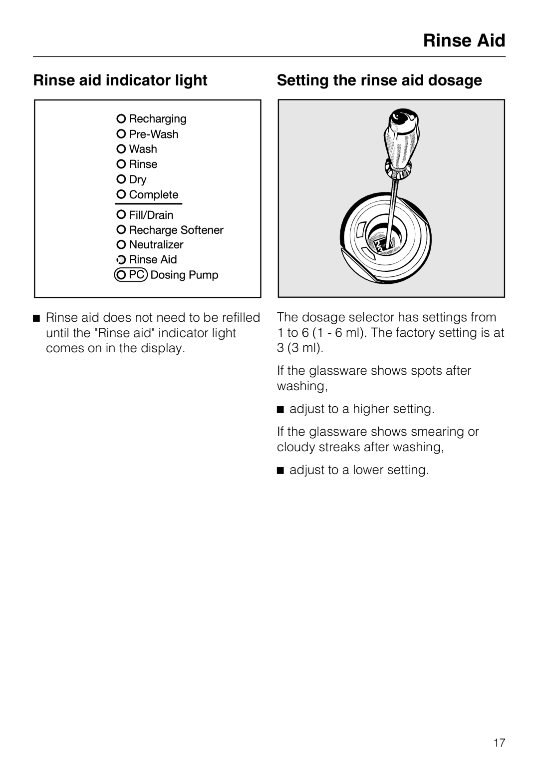 Miele G 7883 installation instructions Rinse aid indicator light Setting the rinse aid dosage 