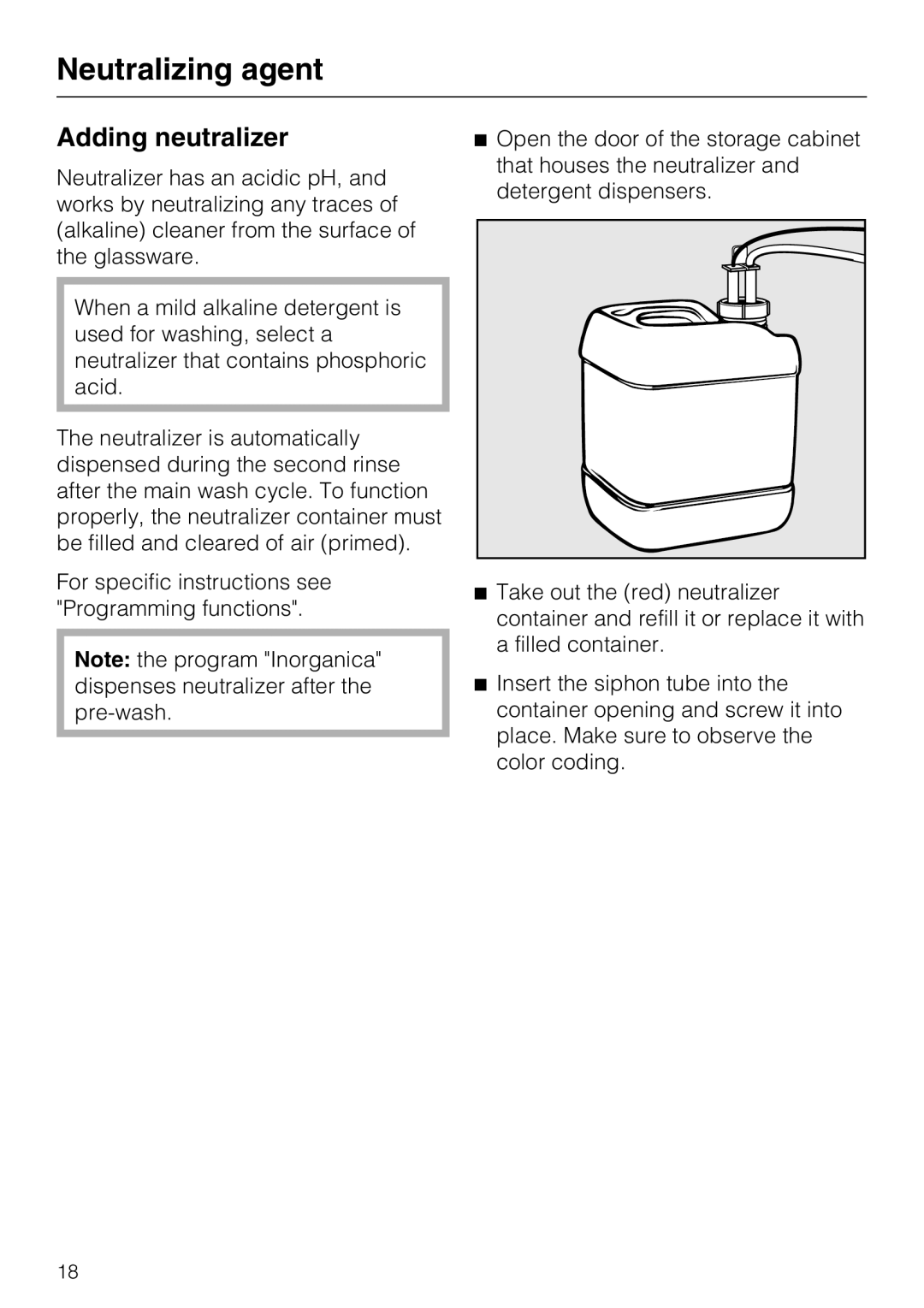 Miele G 7883 installation instructions Neutralizing agent, Adding neutralizer 