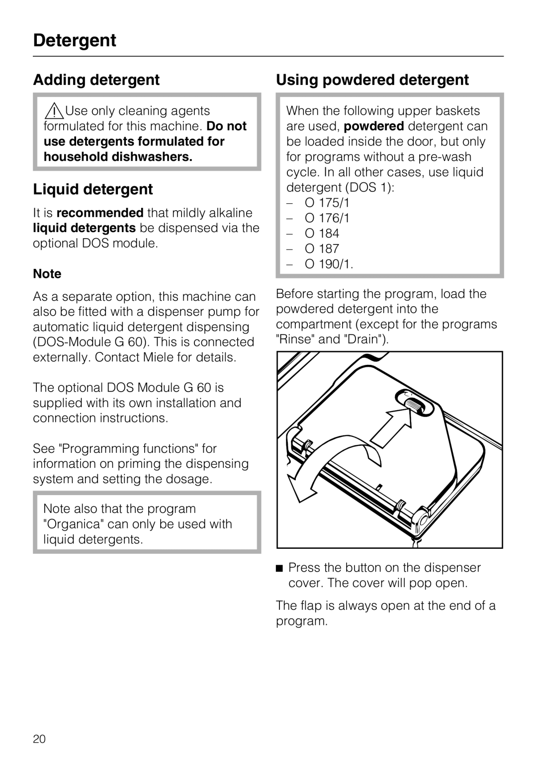 Miele G 7883 installation instructions Detergent, Adding detergent, Liquid detergent, Using powdered detergent 