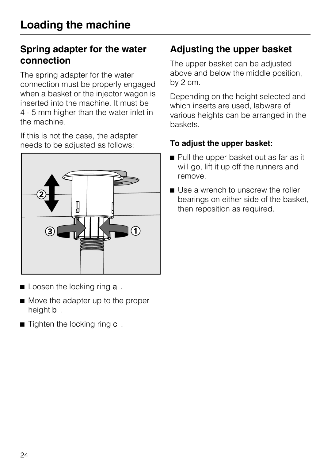 Miele G 7883 Spring adapter for the water connection, Adjusting the upper basket, To adjust the upper basket 