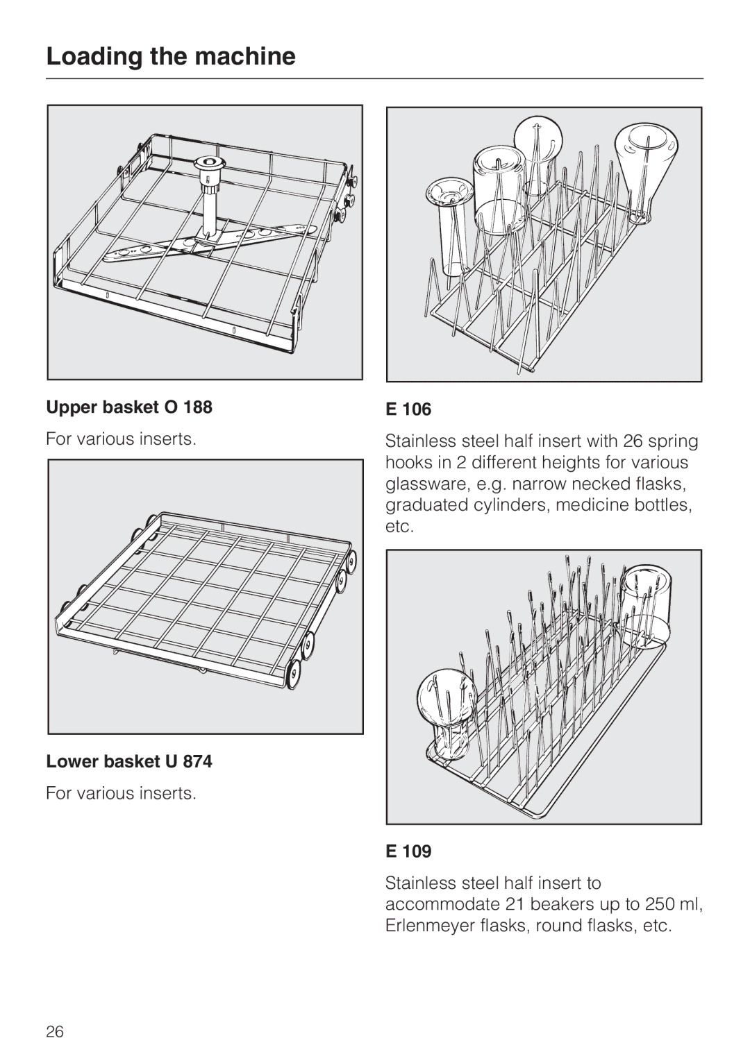 Miele G 7883 installation instructions Upper basket O, Lower basket U, 106, 109 