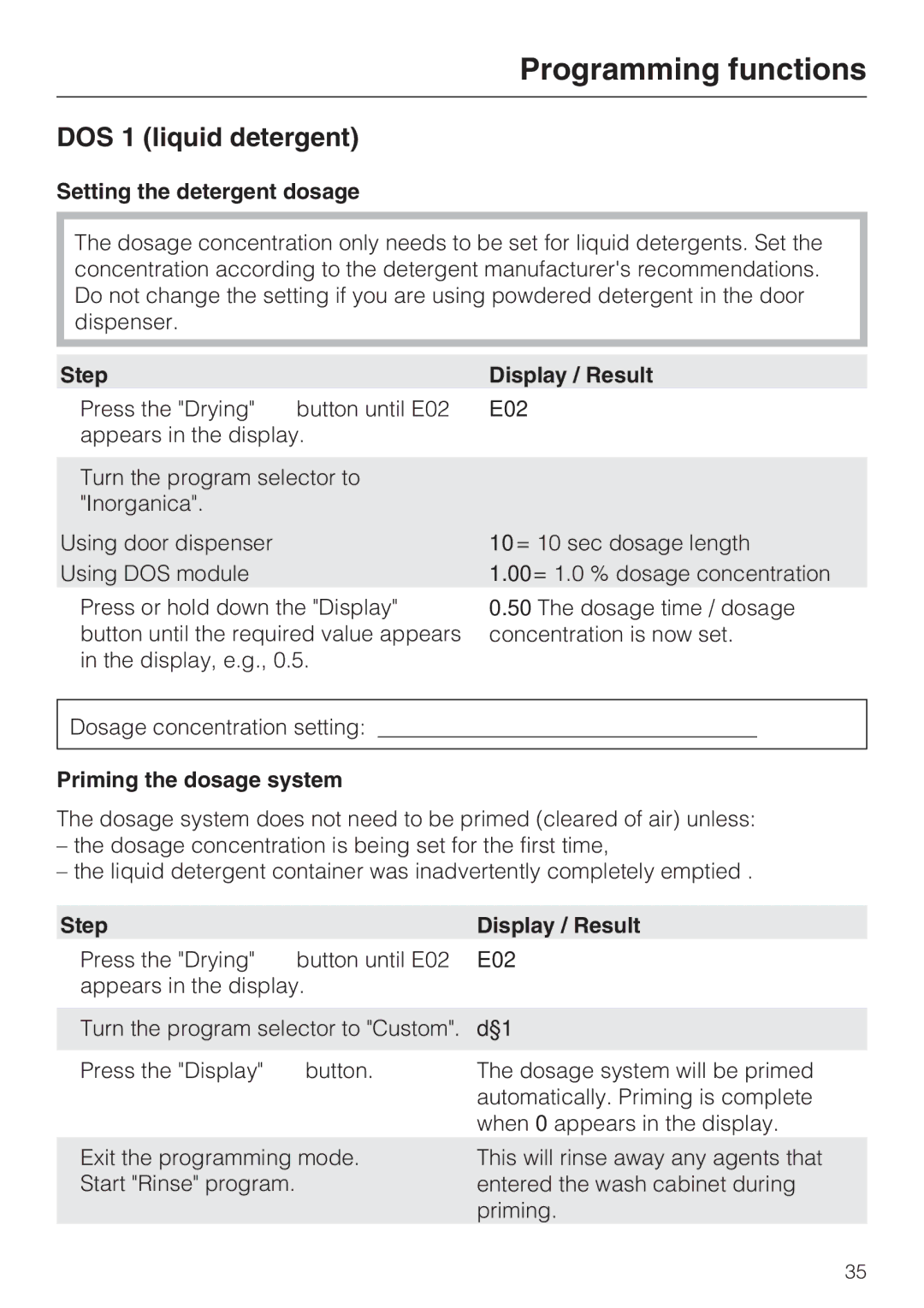 Miele G 7883 DOS 1 liquid detergent, Setting the detergent dosage, Step Display / Result, Priming the dosage system 