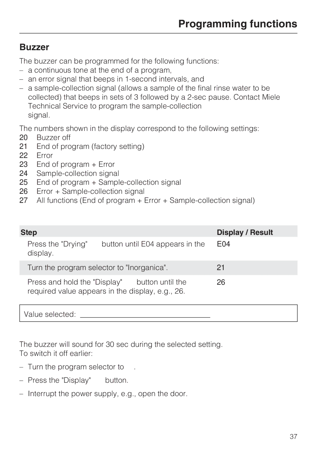 Miele G 7883 installation instructions Buzzer 