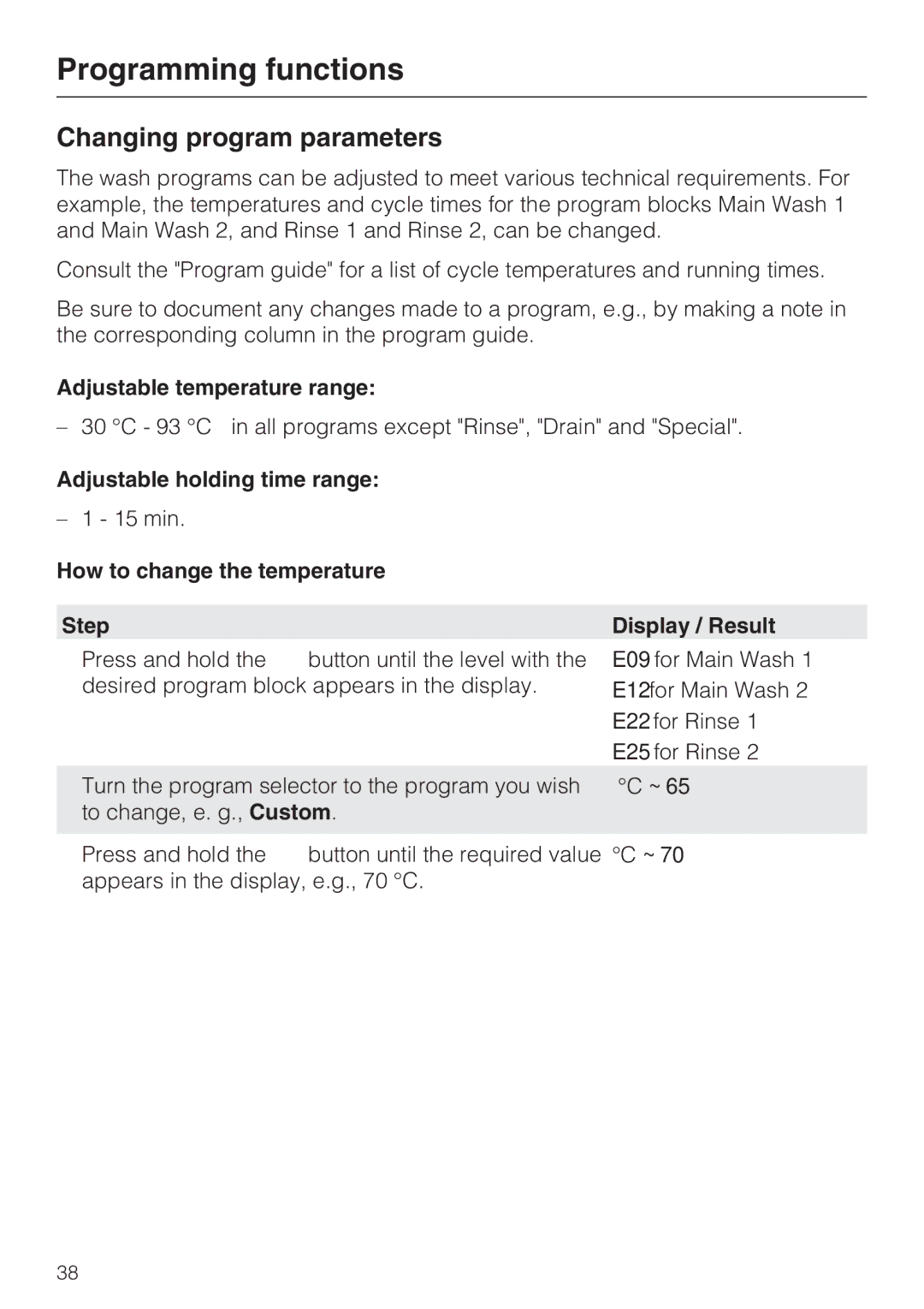 Miele G 7883 Changing program parameters, Adjustable temperature range, Adjustable holding time range 