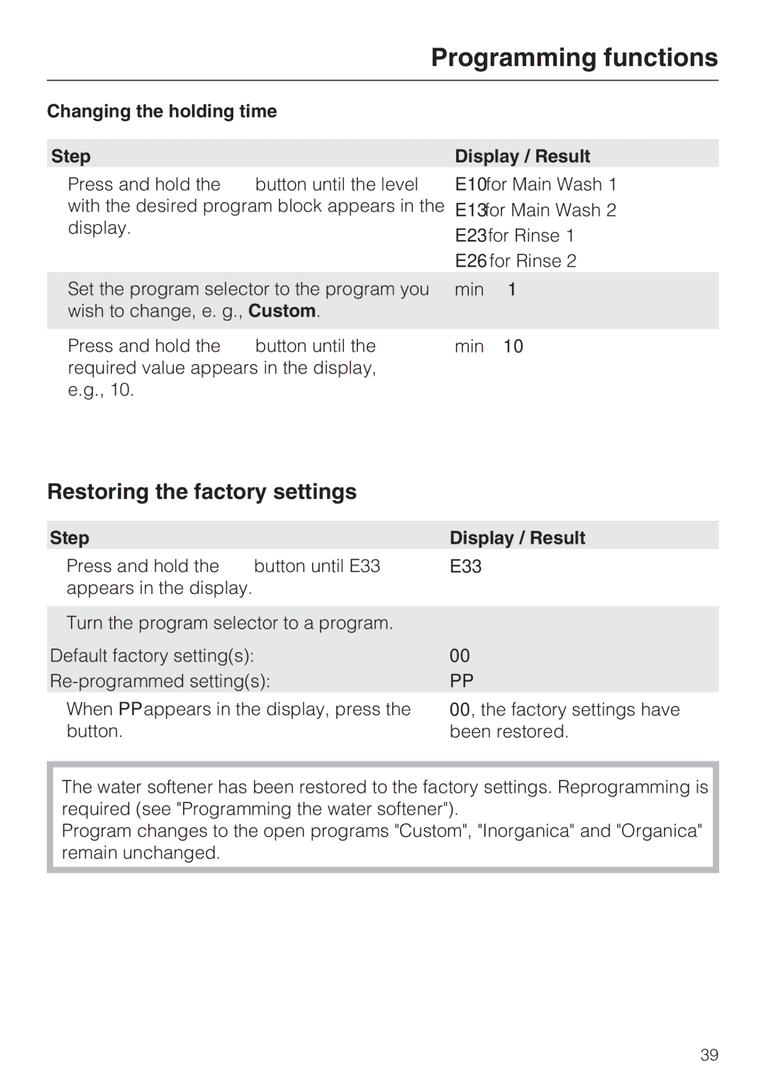 Miele G 7883 installation instructions Restoring the factory settings, Changing the holding time Step Display / Result 