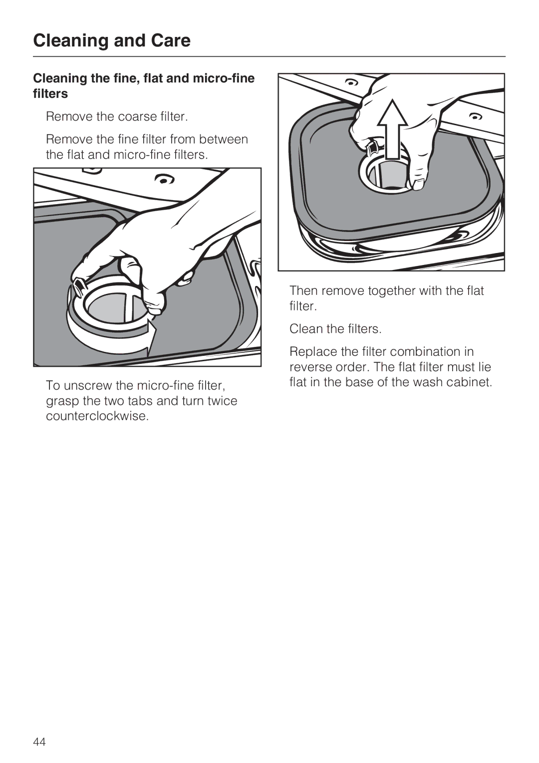 Miele G 7883 installation instructions Cleaning the fine, flat and micro-fine filters 