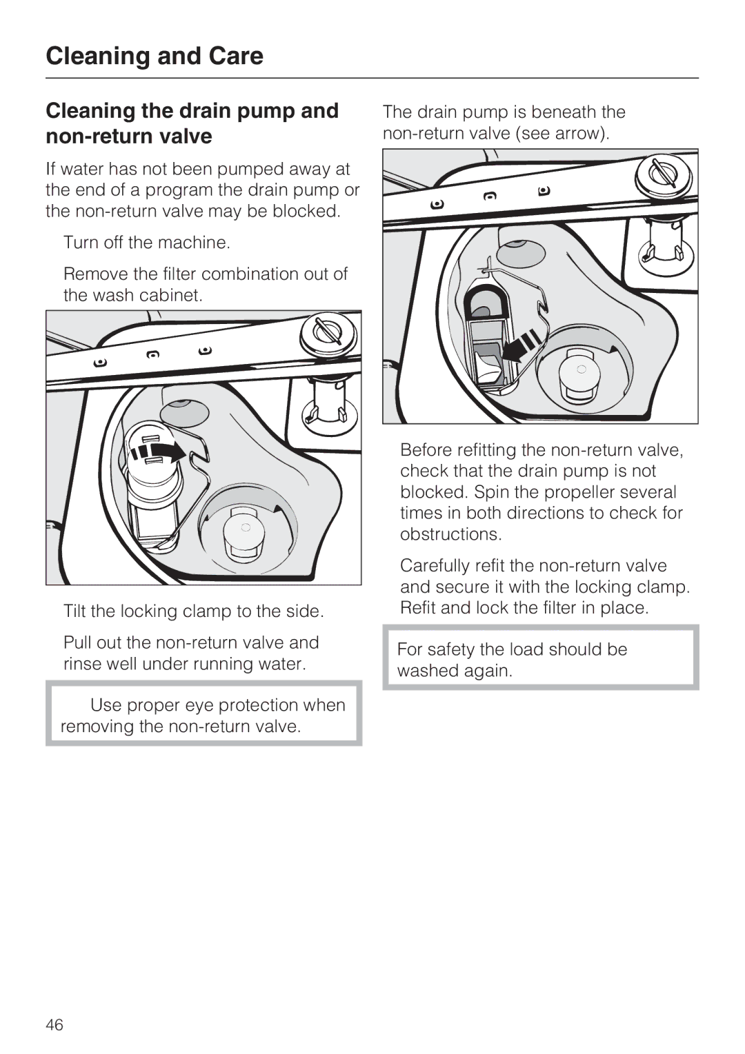 Miele G 7883 installation instructions Cleaning the drain pump and non-return valve 