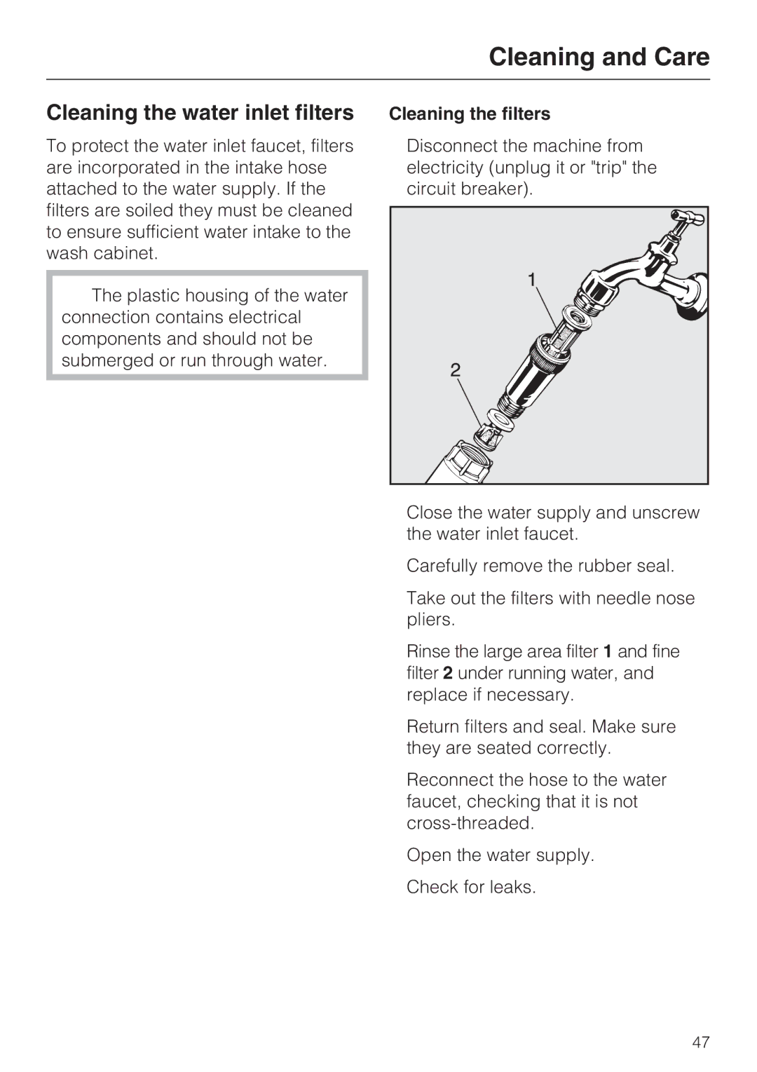 Miele G 7883 installation instructions Cleaning the water inlet filters, Cleaning the filters 