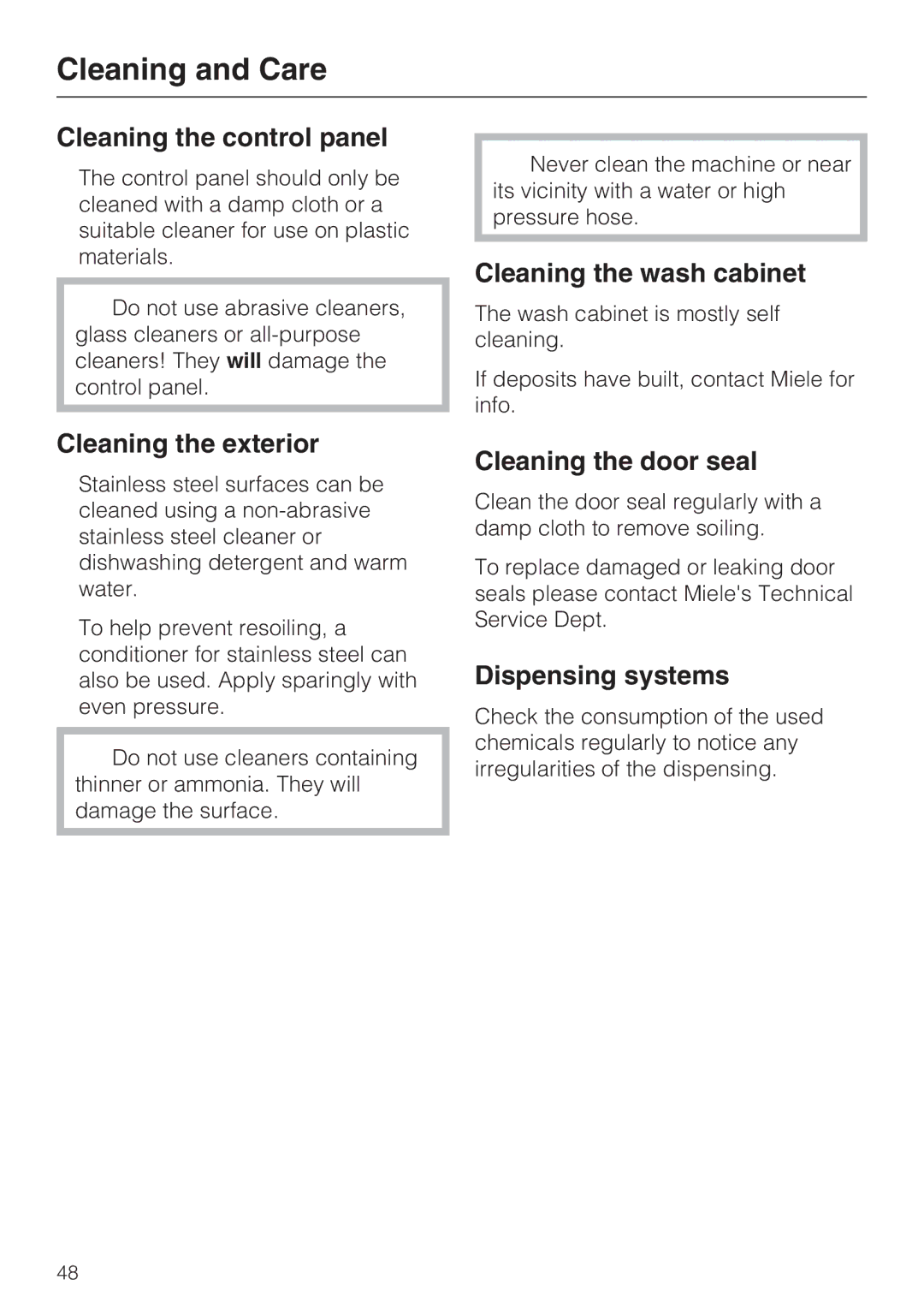 Miele G 7883 Cleaning the control panel, Cleaning the exterior, Cleaning the wash cabinet, Cleaning the door seal 