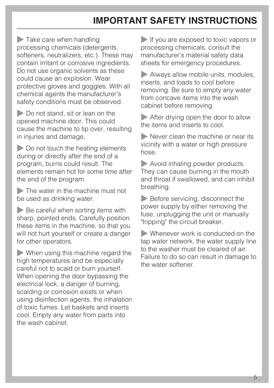 Miele G 7883 installation instructions Important Safety Instructions 