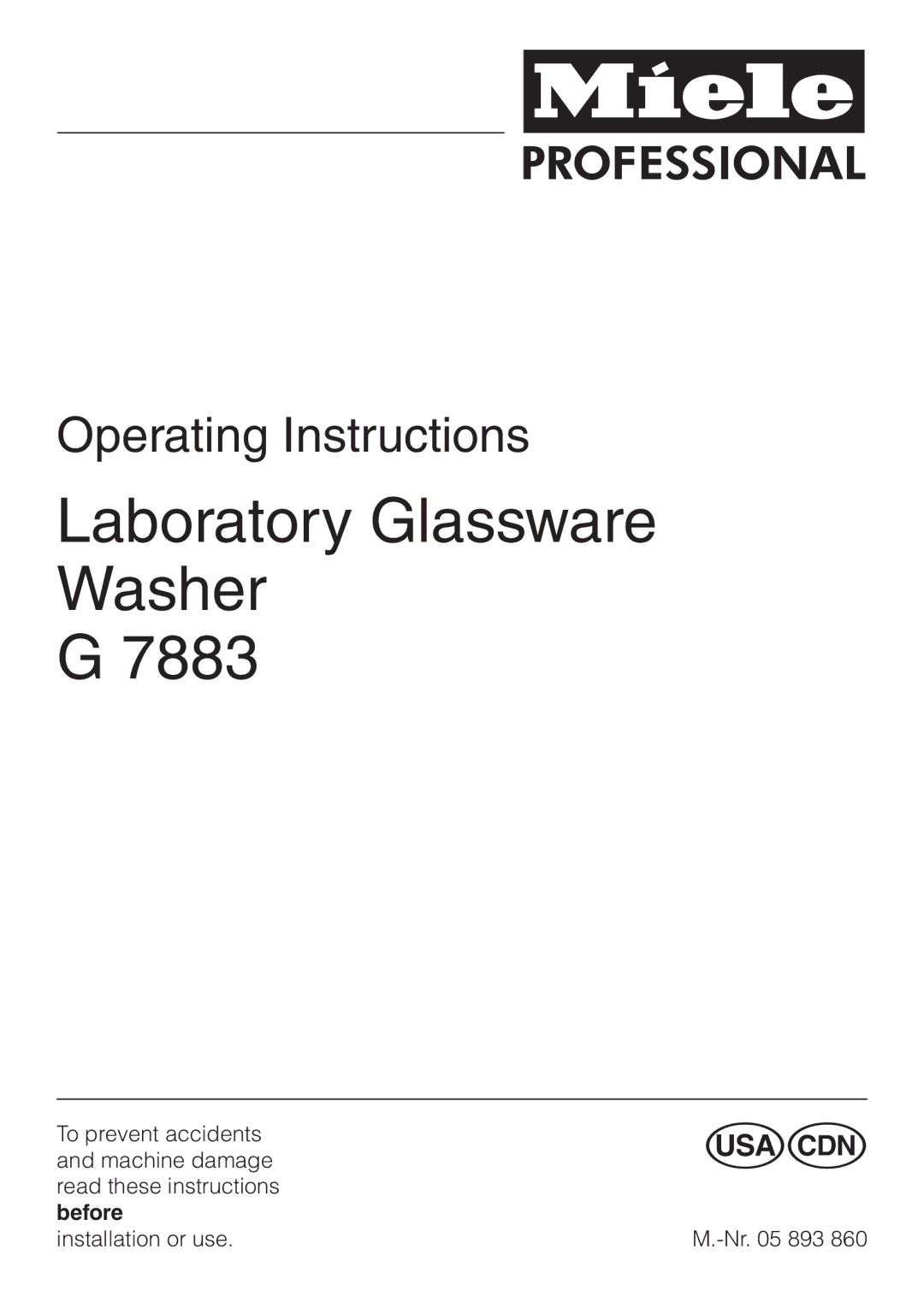Miele G 7883 operating instructions Laboratory Glassware Washer 7883 