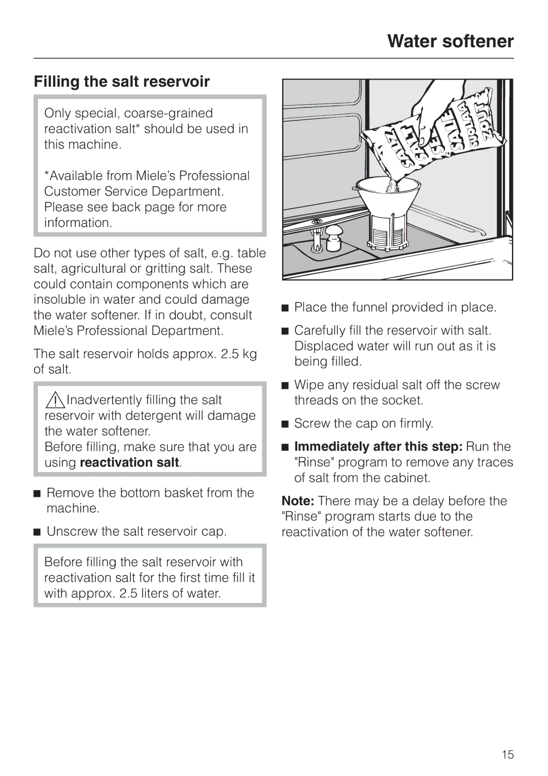 Miele G 7883 operating instructions Filling the salt reservoir 