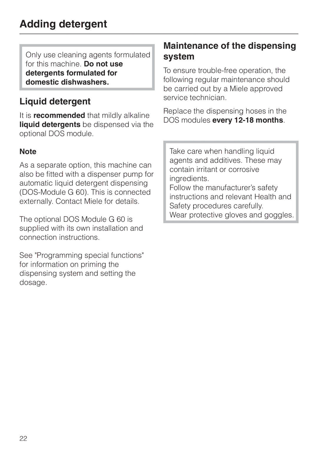 Miele G 7883 operating instructions Adding detergent, Liquid detergent, Maintenance of the dispensing system 