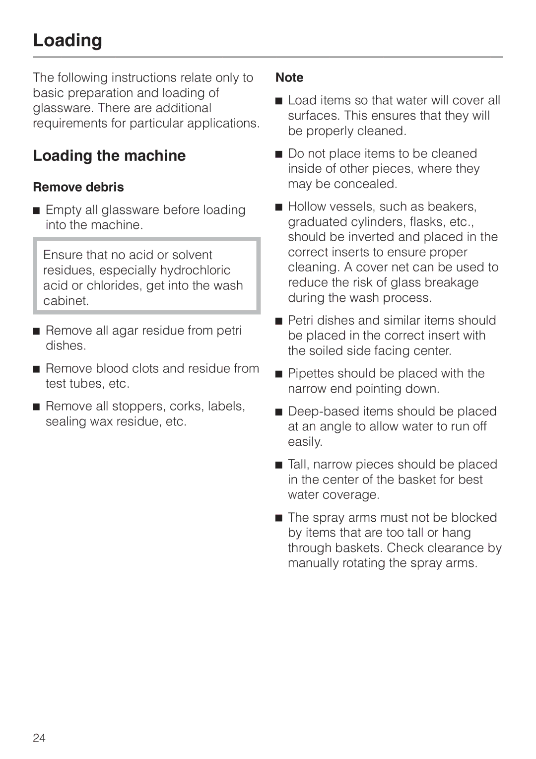 Miele G 7883 operating instructions Loading the machine, Remove debris 