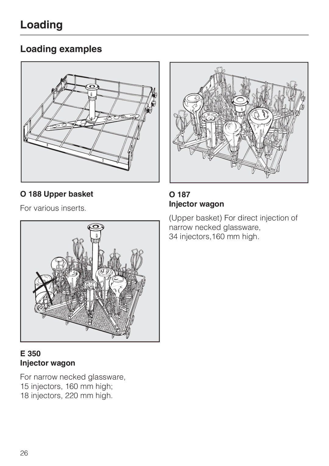 Miele G 7883 operating instructions Loading examples, Upper basket, Injector wagon 