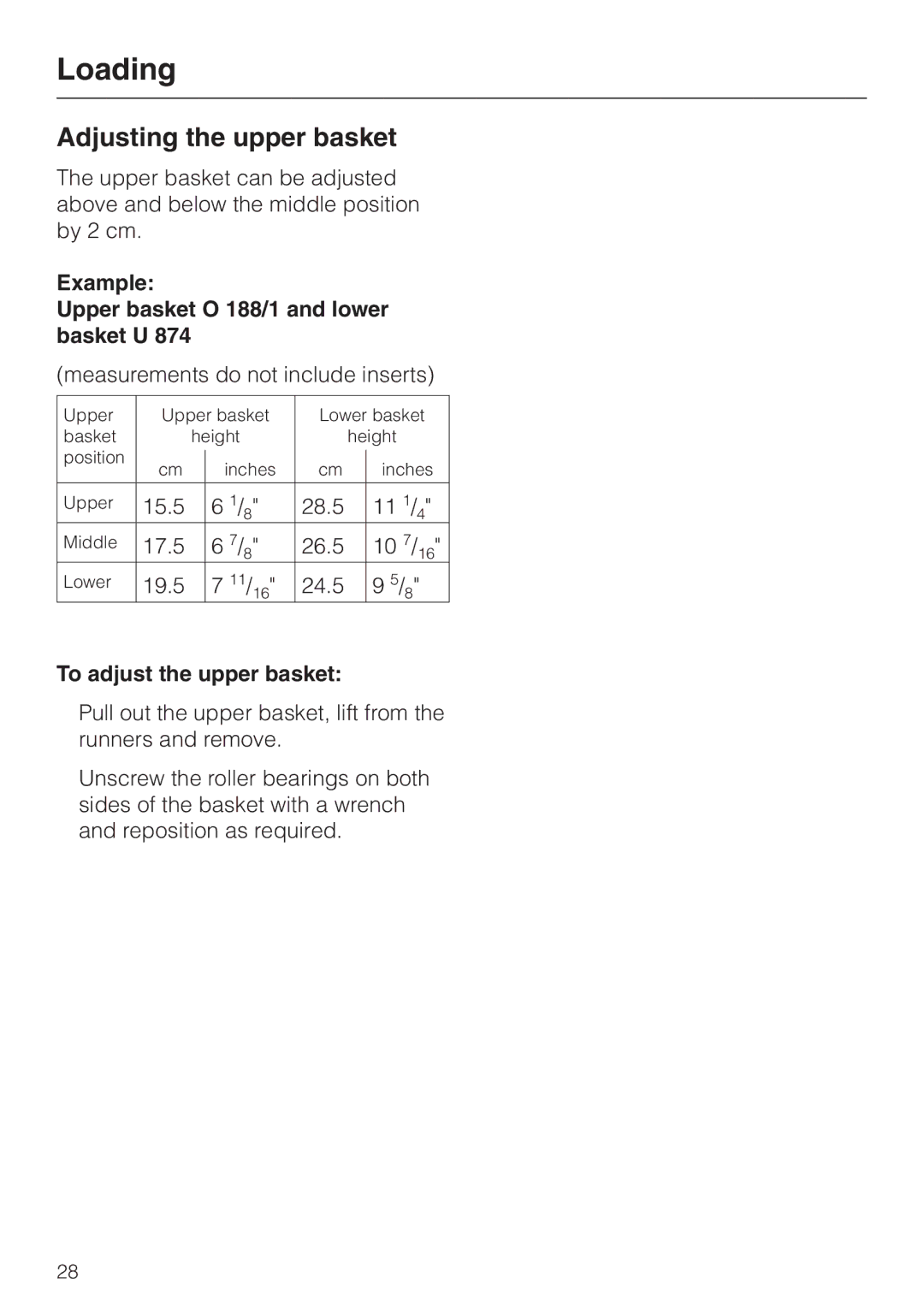 Miele G 7883 Adjusting the upper basket, Example Upper basket O 188/1 and lower basket U, To adjust the upper basket 