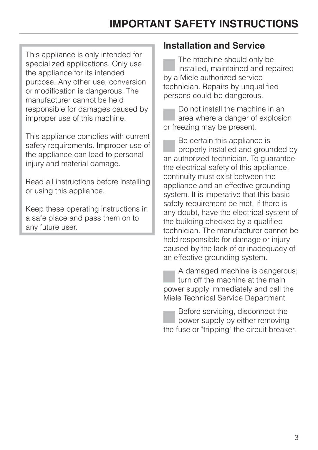 Miele G 7883 operating instructions Important Safety Instructions, Installation and Service 