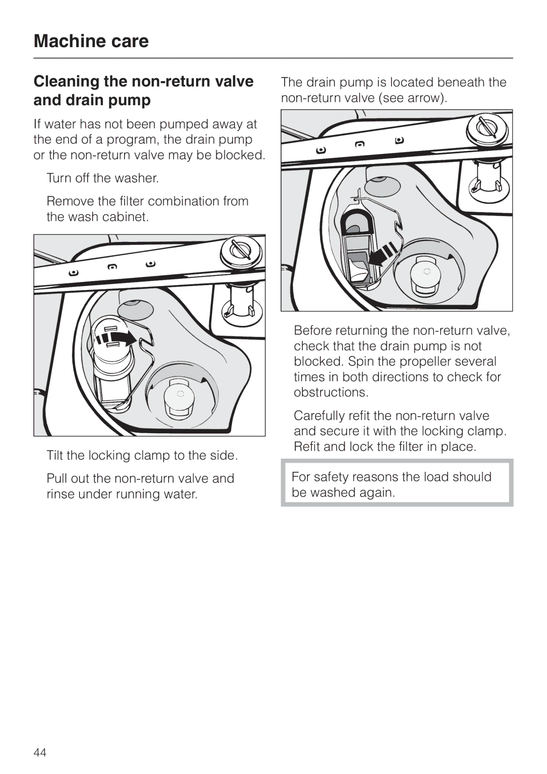 Miele G 7883 operating instructions Cleaning the non-return valve and drain pump 