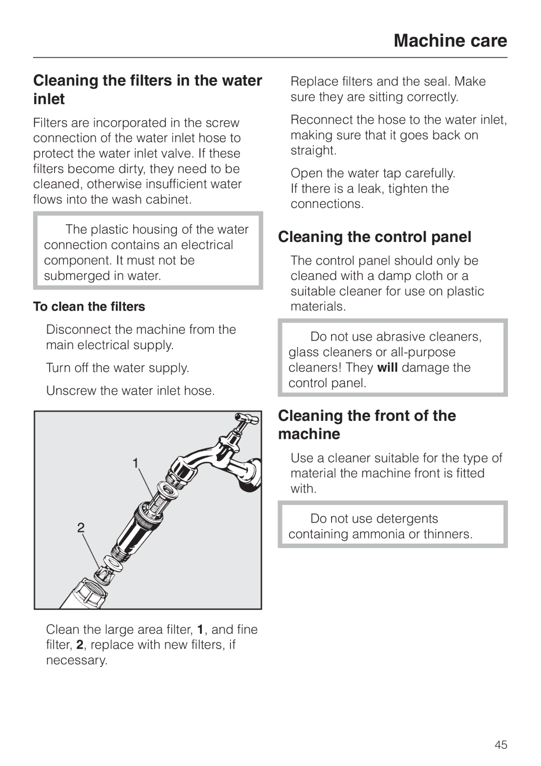 Miele G 7883 Cleaning the filters in the water inlet, Cleaning the control panel, Cleaning the front of the machine 