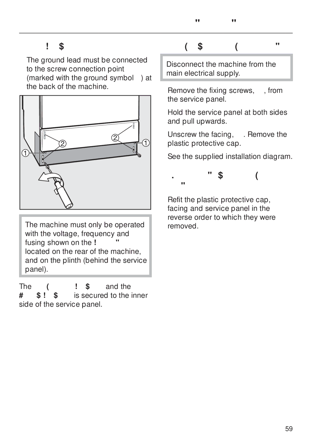 Miele G 7883 operating instructions Grounding connection, Removing the service panel, Re-assembling the service panel 