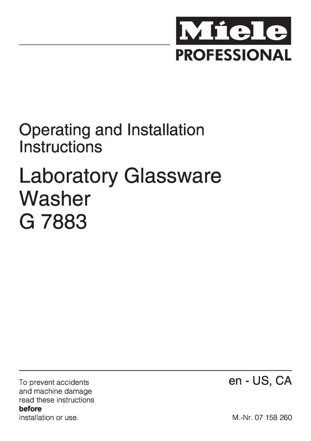 Miele G 7883 installation instructions Operating and Installation Instructions, Laboratory Glassware Washer G, en - US, CA 