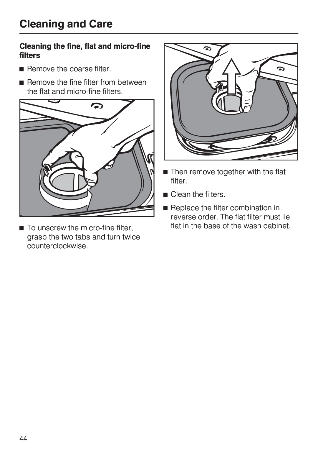 Miele G 7883 installation instructions Cleaning and Care, Cleaning the fine, flat and micro-finefilters 