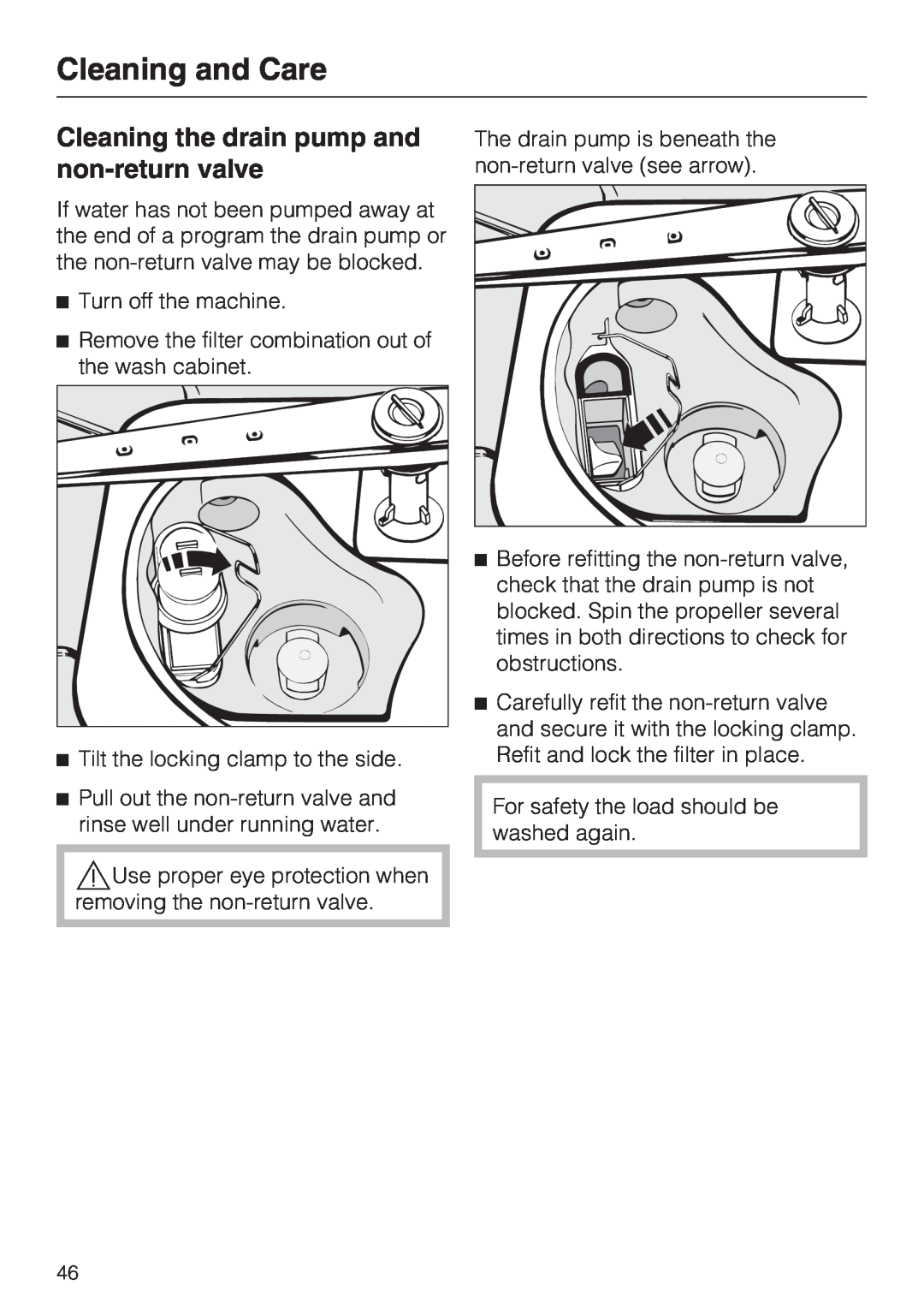 Miele G 7883 installation instructions Cleaning the drain pump and non-returnvalve, Cleaning and Care 