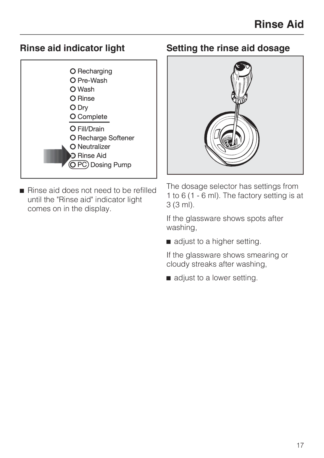 Miele G 7893 installation instructions Rinse aid indicator light Setting the rinse aid dosage 