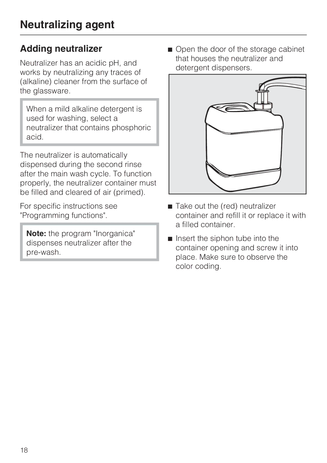 Miele G 7893 installation instructions Neutralizing agent, Adding neutralizer 