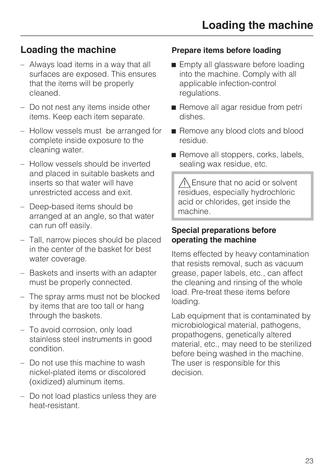 Miele G 7893 Loading the machine, Prepare items before loading, Special preparations before operating the machine 