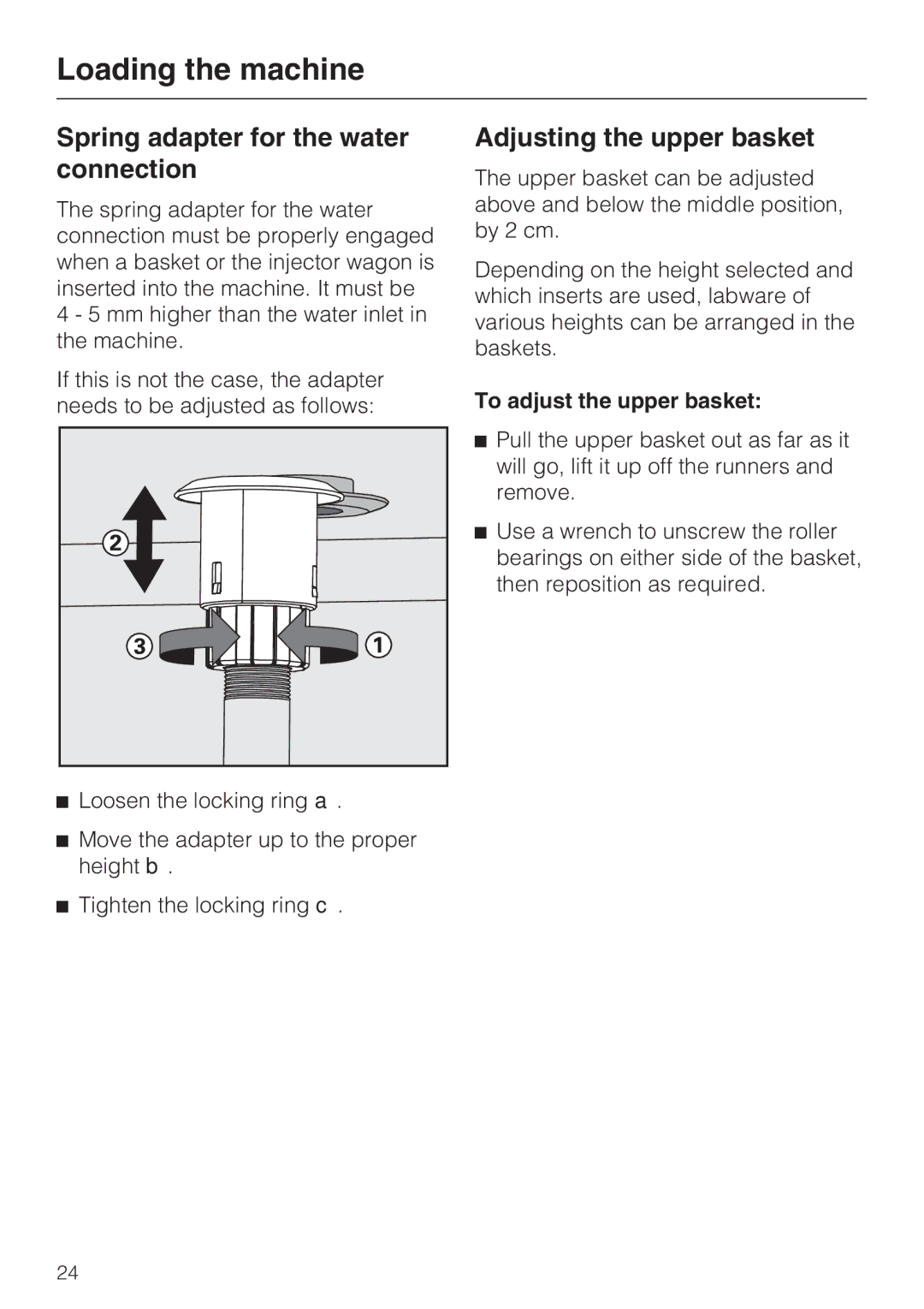 Miele G 7893 Spring adapter for the water connection, Adjusting the upper basket, To adjust the upper basket 