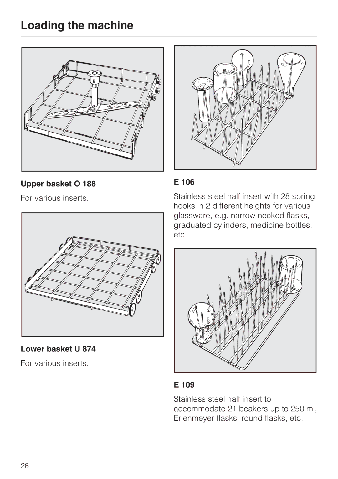 Miele G 7893 installation instructions Upper basket O, Lower basket U, 106, 109 