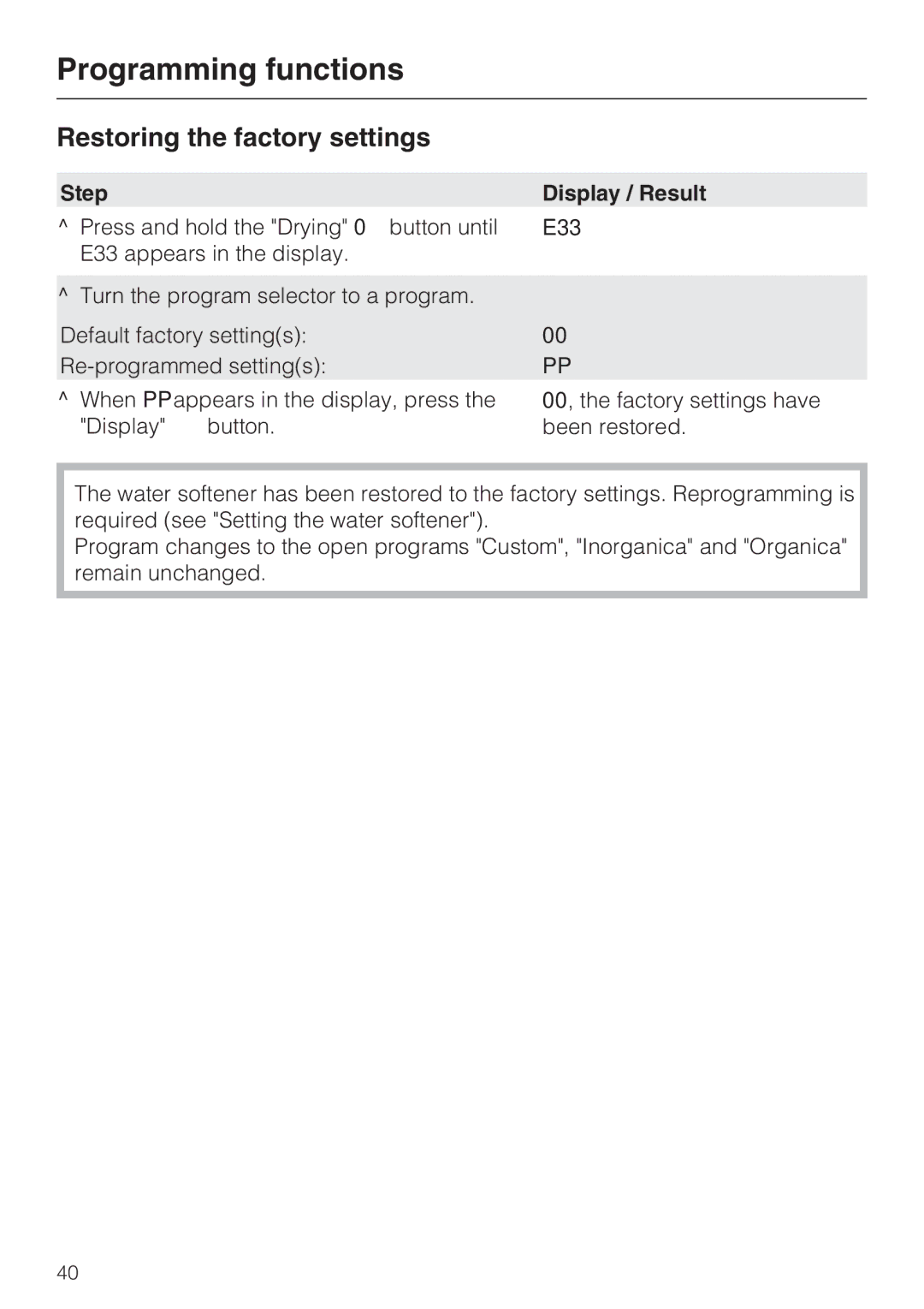 Miele G 7893 installation instructions Restoring the factory settings, Step Display / Result 