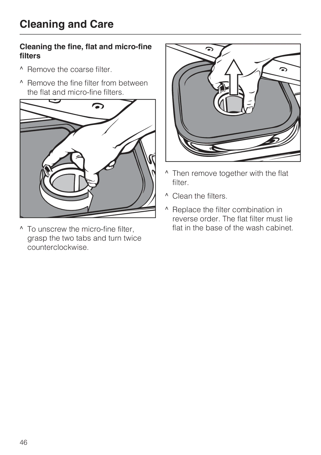 Miele G 7893 installation instructions Cleaning the fine, flat and micro-fine filters 