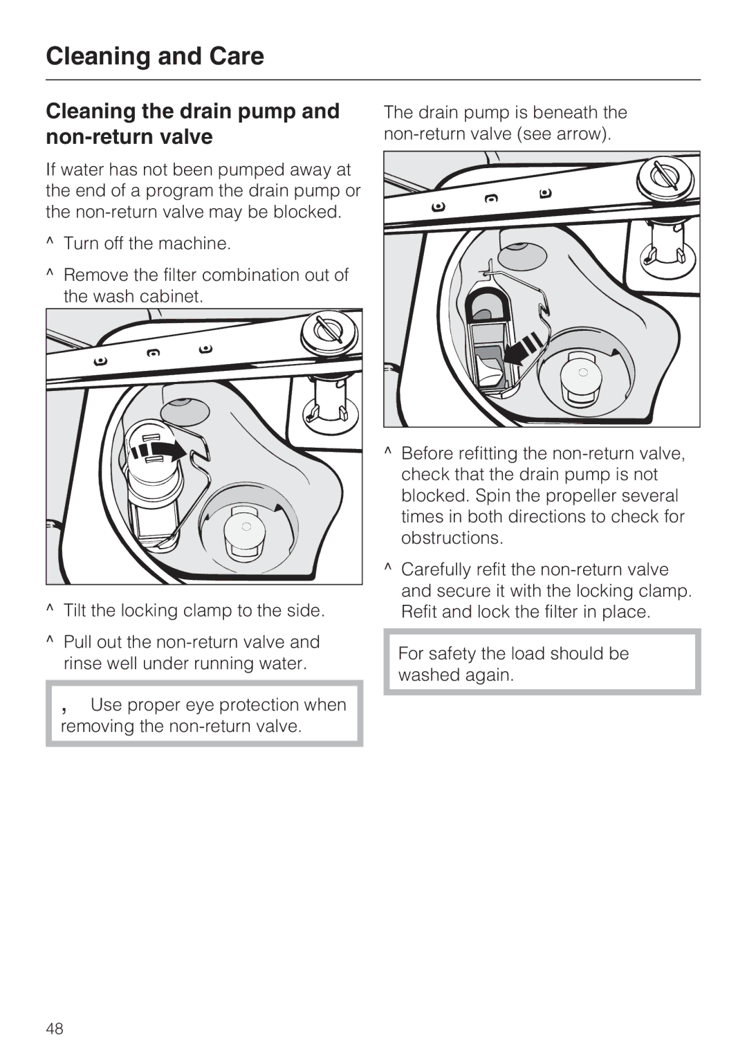 Miele G 7893 installation instructions Cleaning the drain pump and non-return valve 